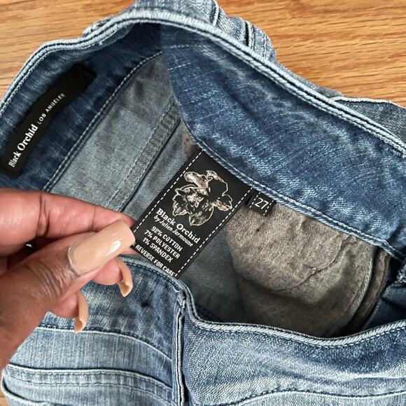 Black Orchid Cut-Off Micro Jean Shorts Women 27 Blue Dream Cycle Distressed Boho - Picture 4 of 11